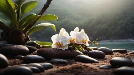 A serene composition of white orchids and smooth stones by a tranquil water body.