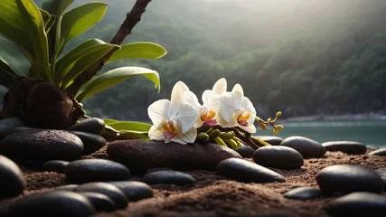 A serene composition of white orchids and smooth stones by a tranquil water body.