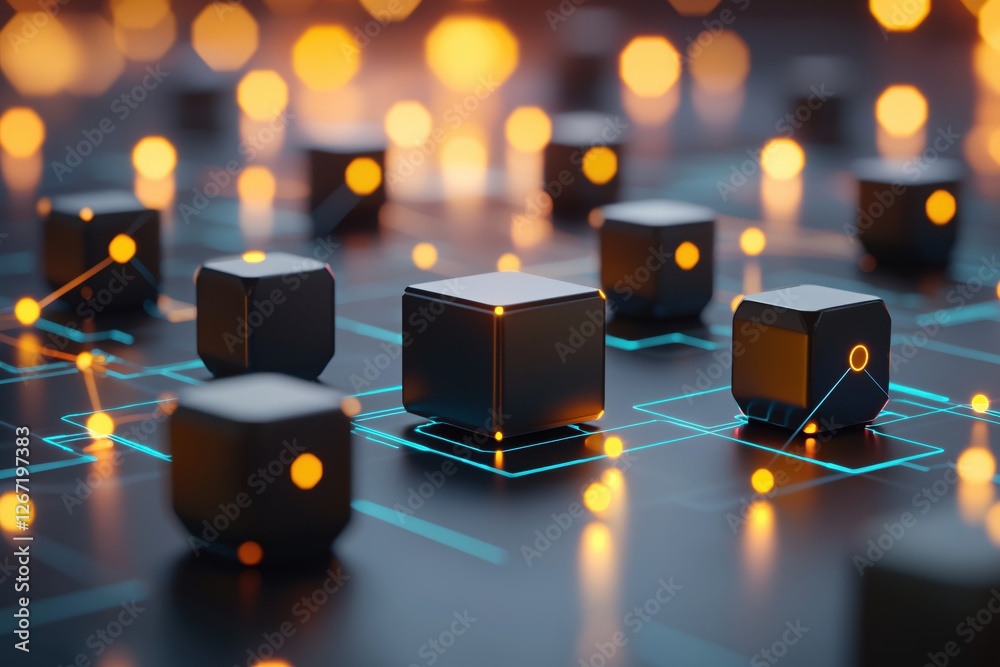 Poster abstract network connection with glowing cubes and lines in a futuristic design