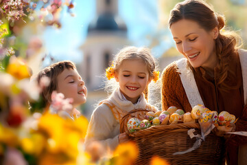 Mother and children enjoying Easter celebrations with eggs in a basket against a church background