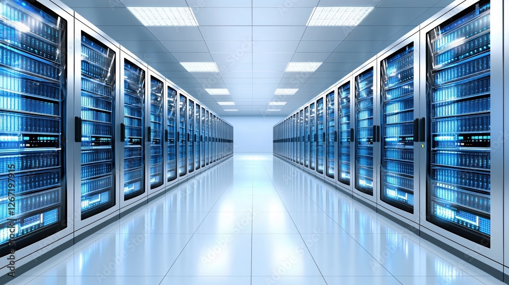 Poster server room with rows of computer racks and blue lights in data center for network storage