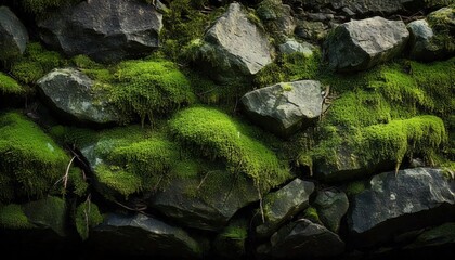 A rocky grunge texture with moss growing in cracks and rough, uneven surfaces.