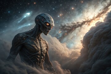 Gigantic Extraterrestrial Creature Emerging from Cosmic Clouds in a Stellar Background