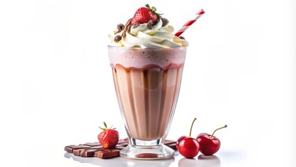 Strawberry milkshake with whipped cream and chocolate on white background