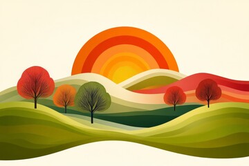 Colorful digital illustration of rolling hills trees and a vibrant sunset with bold abstract shapes blending nature and artistic creativity in a surreal landscape