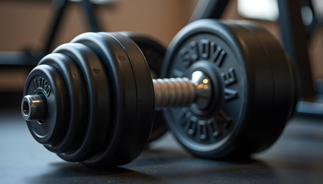 Close-up of a pair of heavy black dumbbells on a gym floor
