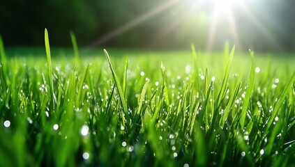 Dew-covered grass blades glistening in morning sunlight at a serene park
