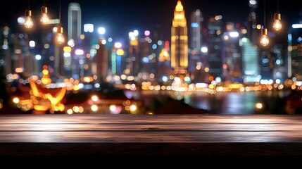 Obraz premium Blurred Cityscape at Night with Glowing Lights and Wooden Tabletop in Foreground