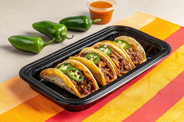 Delicious Pulled Pork Tacos with Jalapeno Topping and Spicy Sauce on Colorful Tablecloth