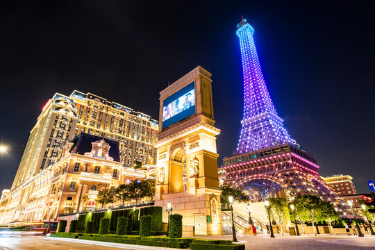 Macau- September 25, 2019: Beautiful night view of the Eiffel Tower at Parisian Macao is a casino resort on the Cotai Strip in Macau, China owned by Las Vegas Sands.