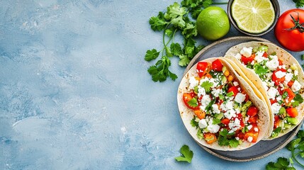 Delicious Tacos with Fresh Vegetables and Feta Cheese on a Rustic Blue Textured Surface