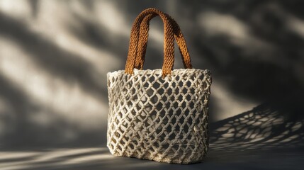 Beige Woven Mesh Bag with Brown Handles on a Grey Background with Soft Shadows
