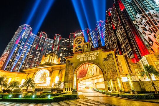 Macau- September 25, 2019: Beautiful night view of Studio City is a hotel casino resort on the Cotai Strip in Macau, China, the Hollywood studio-themed leisure resort.