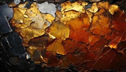 Fototapeta premium A rube gold and black grunge background with peeling layers and rough textures.