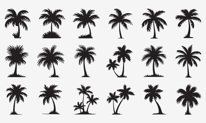 palm tree silhouette set, and a variety of palm tree illustrations in different poses and styles.black silhouette palm tree collection – 20 tropical tree designs