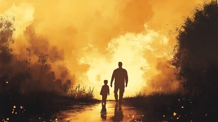 Fototapeta premium Silhouette of a Father and Son Walking Towards the Setting Sun