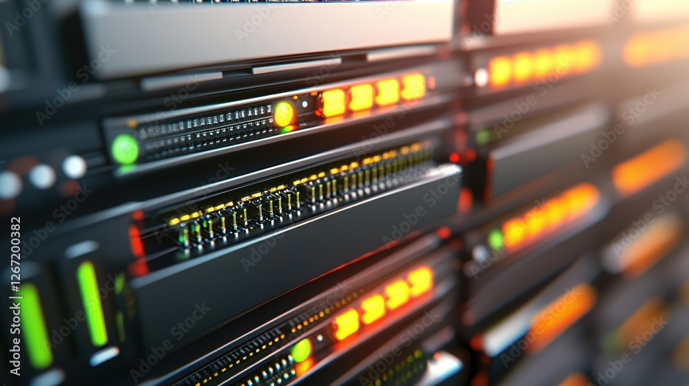 Poster server rack with glowing lights showing data processing and information technology hardware