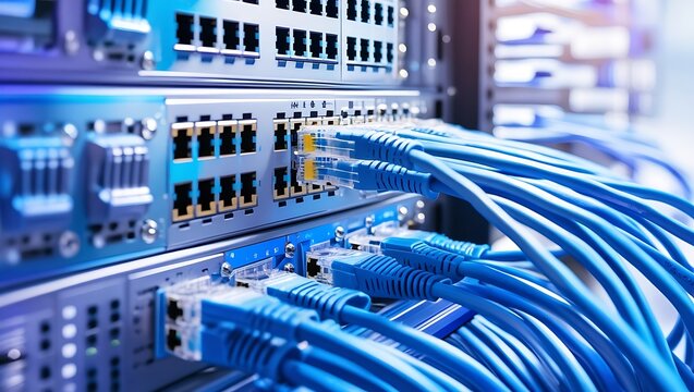 Ethernet Wires Connected to Stack of Router Switches &ndash; Internet Connectivity and Computer Network Technology, ethernet cables, router switch, internet connectivity, computer network, LAN, WAN

