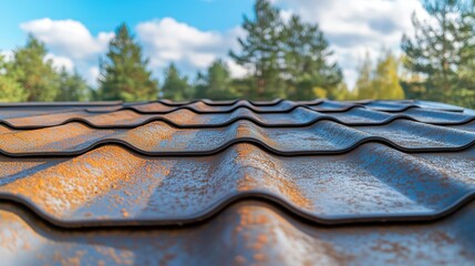 A close-up of a weathered metal roof tile reveals rust spots and deep crevices, with a blurred backdrop of sky and trees.