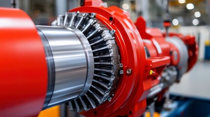 Obraz premium Close Up of a Red and Silver Industrial Machine Component in Factory Setting