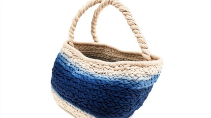 Obraz premium Handmade Crochet Basket with Blue Gradient on White Background Still Life