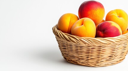 Close Up of Fresh Peaches Nectarines and Apricots in Wicker Basket on White Background