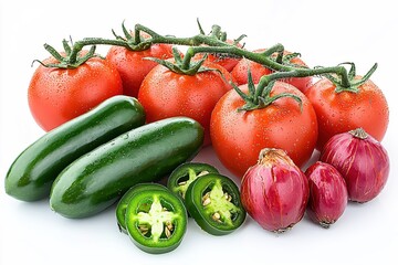 Fresh Harvest of Tomatoes Jalapenos Cucumbers and Red Onions on a White Background