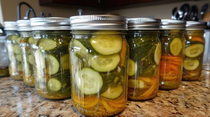 A vibrant collection of glass jars brims with tangy, homemade pickled cucumbers, their bright green hue contrasting with the rich brine.