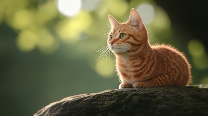 Curious orange tabby cat sitting on rock in nature with sunlight filtering through trees serene feline portrait capturing the essence of quiet contemplation