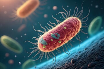 Obraz premium Detailed Microbial Life Under the Microscope Showcasing Photorealistic Microorganisms in Focus