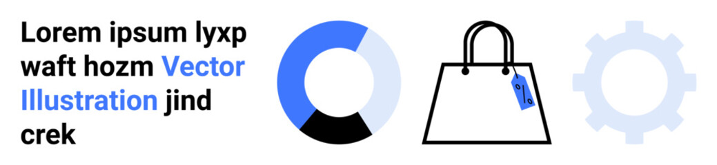 Shopping bag outlines retail, pie chart suggests data insights, gear indicates operational processes. Ideal for e-commerce, retail strategy, analytics, tools integration, consumer behavior, online