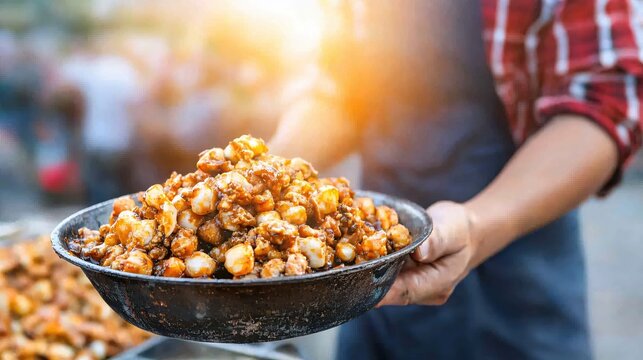 Delicious caramelized chontacuros worms served in pan by street vendor with bright sunlight