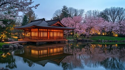 Fototapeta premium A serene Japanese garden pavilion reflects peacefully on tranquil waters during cherry blossom season. 
