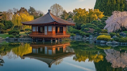 A serene Japanese garden pavilion reflects peacefully on tranquil waters during cherry blossom season