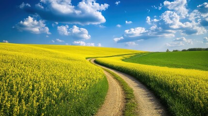Winding road through yellow rapeseed field, sunny day, rolling hills (2)