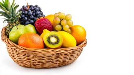 Oval Basket with Assorted Exotic Fruits on a White Background Still Life