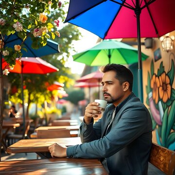 hombre hispano bebiendo caf&eacute; en la cafeter&iacute;a al aire libre