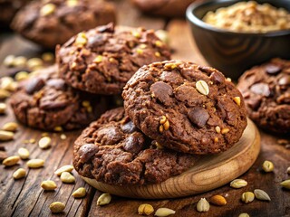 Fototapeta premium Double chocolate oatmeal cookies, baked with love. Oat flakes add texture. Candid shots capture the warmth.