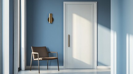 Fototapeta premium A sophisticated door hanger mockup is showcased against a serene blue wall, accompanied by a chic chair and stylish wall decor, creating an inviting atmosphere