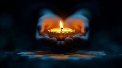Fototapeta premium Golden hands holding a burning candle in darkness