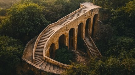 Curving stairway amidst lush forest, historical architecture
