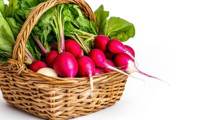 Rustic Wicker Basket Filled with Fresh Radishes and Beets on Clean White Backdrop