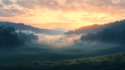 Fototapeta premium Fog blankets the valley floor at sunrise over the hills