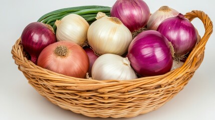 Rustic Woven Basket Filled with Colorful Red and White Onions Garlic on White