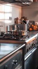 A warm and inviting kitchen scene featuring a pot on the stove, complemented by sleek utensils and natural lighting from a nearby window, creating a homely atmosphere.