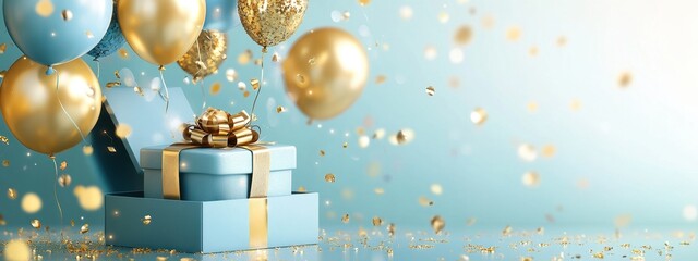 Celebration Scene with Colorful Balloons and Gift Box Surrounded by Shimmering Confetti