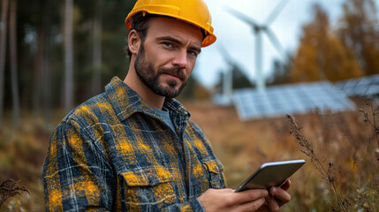 focused engineer in yellow hard hat checks his smartphone amidst renewable energy sources like wind turbines and solar panels in forested area