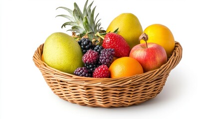 Simple Basket of Mixed Tropical Fruits on White Background Studio Shot