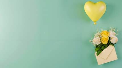 A bouquet of yellow roses and a yellow heart shaped balloon on a green background