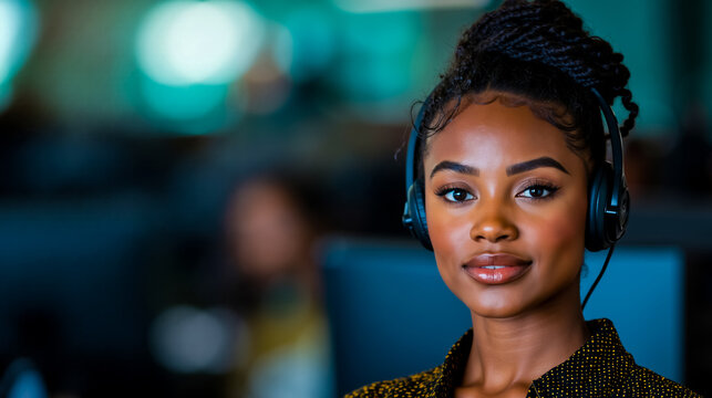 A woman wearing a headset in front of a computer